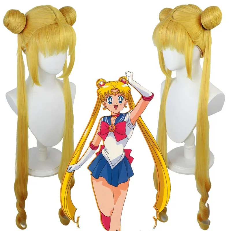 

Длинный вьющийся блондин Bear's Den Sailor and Moon Tsukino Usagi с двойным хвостиком, синтетический парик для косплея для девочек, костюм, новинка 2025 г.