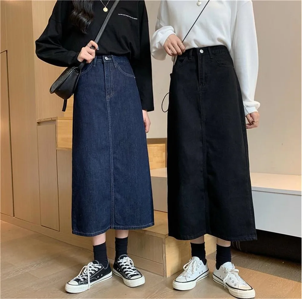 

Plus Size Denim Skirts Women Casual High Waist Straight Solid Streetwear Elegant Vintage Ulzzang Spring Females Midi Jean Skirt