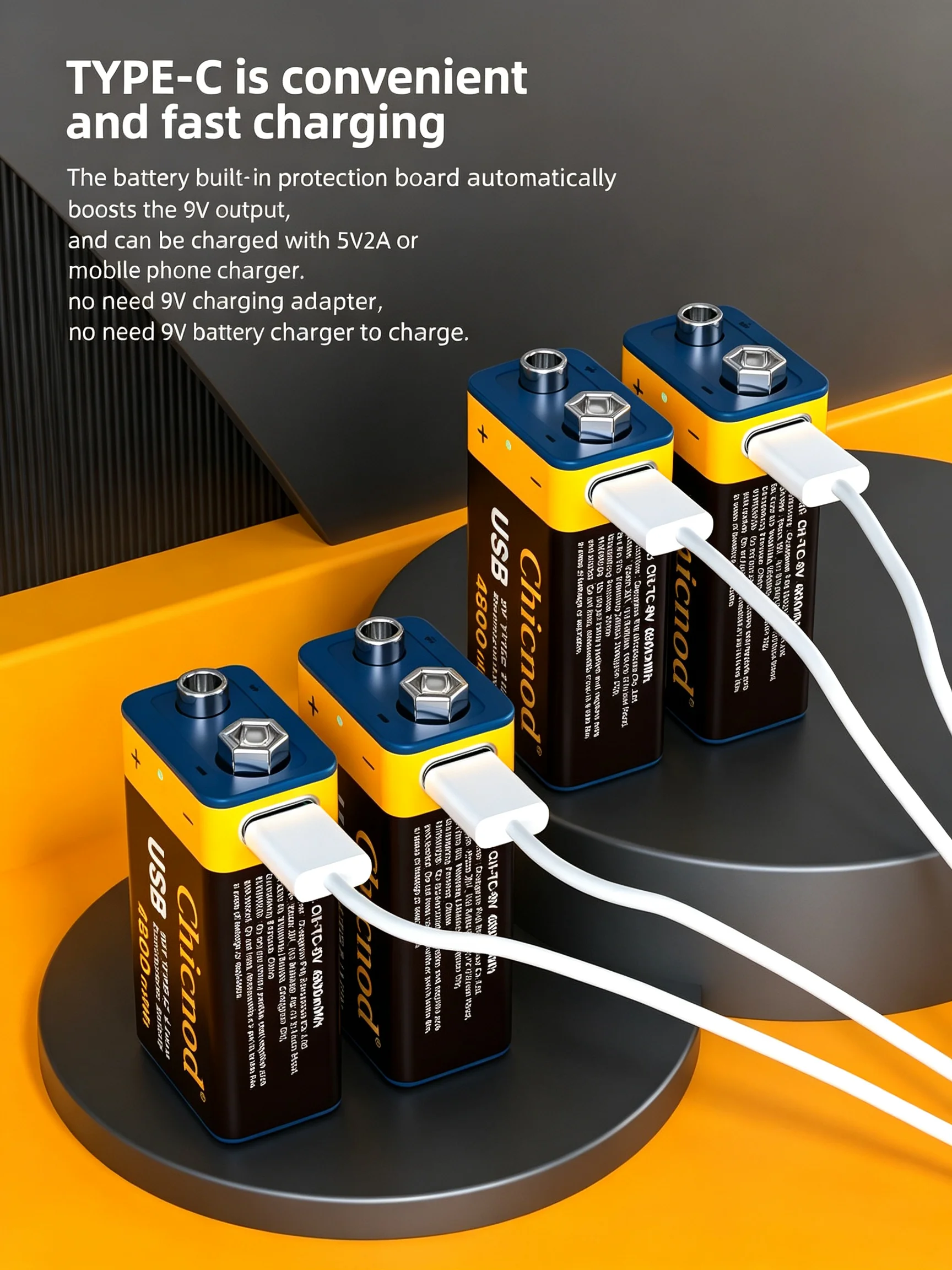 Akumulator litowy Chicnod 9V 4800mWh z ładowarką USB typu C, wbudowana ładowarka do pedałów gitarowych i multimetrów — zdjęcie produktu 7