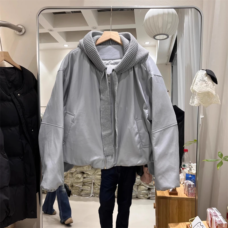 شتاء 2025 المرأة الصوف محبوك المرقعة وشاح بولي Leather الجلود أسفل سترة Y2K جودة عالية موضة عادية سترة قصيرة معطف #3