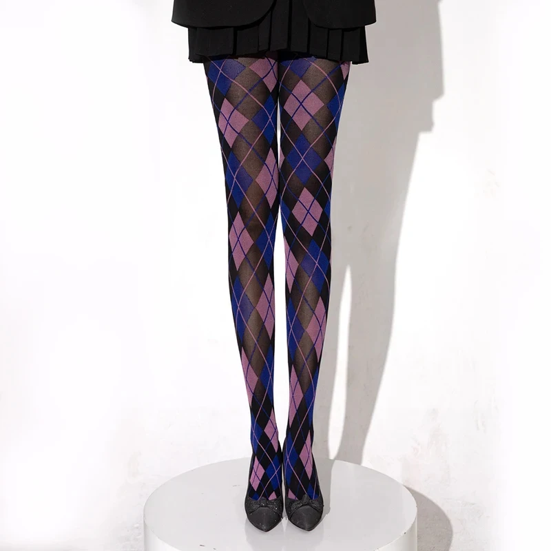 Damen-Argyle-Karo-Netzstrumpfhose mit hoher Taille, Preppy-Strümpfe, Lingerie, schlanke Retro-Karo-Strümpfe, Strumpfwaren