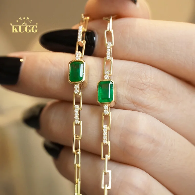 

KUGG 18K Yellow Gold Bracelet Vintage Elegant Design Real Natural Diamond&Emerald Gemstone Bracelet for Women High Party Jewelry