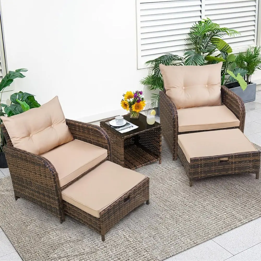 

5-Piece Beige Outdoor Patio Furniture Set with Ottomans, PE Wicker Rattan, Ideal for Garden, Lawn, or Balcony