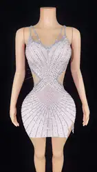 Backless Sparkly Sexy Women Rhinestone Sexy Dress Birthday Party Stage Performance Wear Summer Evening Queen Outfit White Pink