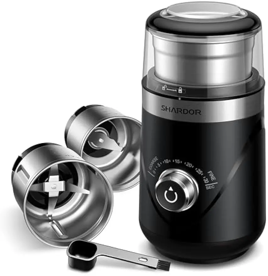 

Electric Coffee Grinder with Timer, Adjustable Coarse to Fine for Beans & Spices, 2 Stainless Bowls