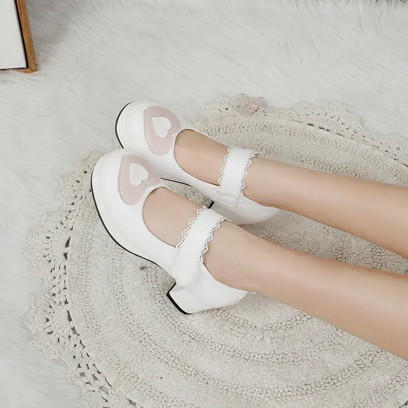 

Lolita Women's Shoes, Round Toe with Sweet Heart Shaped, Floral Hook & Loop, Plus Large Size Chunky High-Heel Mary Janes Pumps