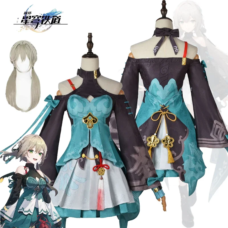 Honkai Star Rail Qingque disfraz de Cosplay para mujer, conjunto completo de vestido de estilo Sexy Con peluca, uniforme de fiesta de Halloween, traje de cómic