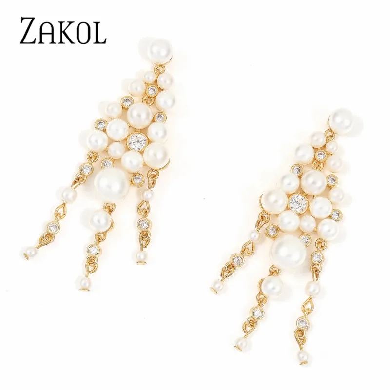 

ZAKOL Fashion Imitation Pearl Drop Earrings For Women High Quality Tassel Dangle With CZ Stone Wedding Bride Party Jewelry