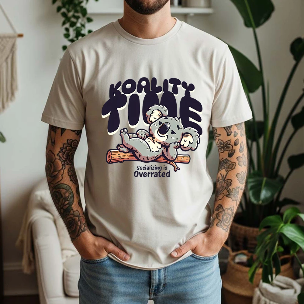New Summer Men's 100% Pure Cotton T-Shirt Vintage Koality Time Anti-Social Koala Graphic Casual Breathable Short Sleeve