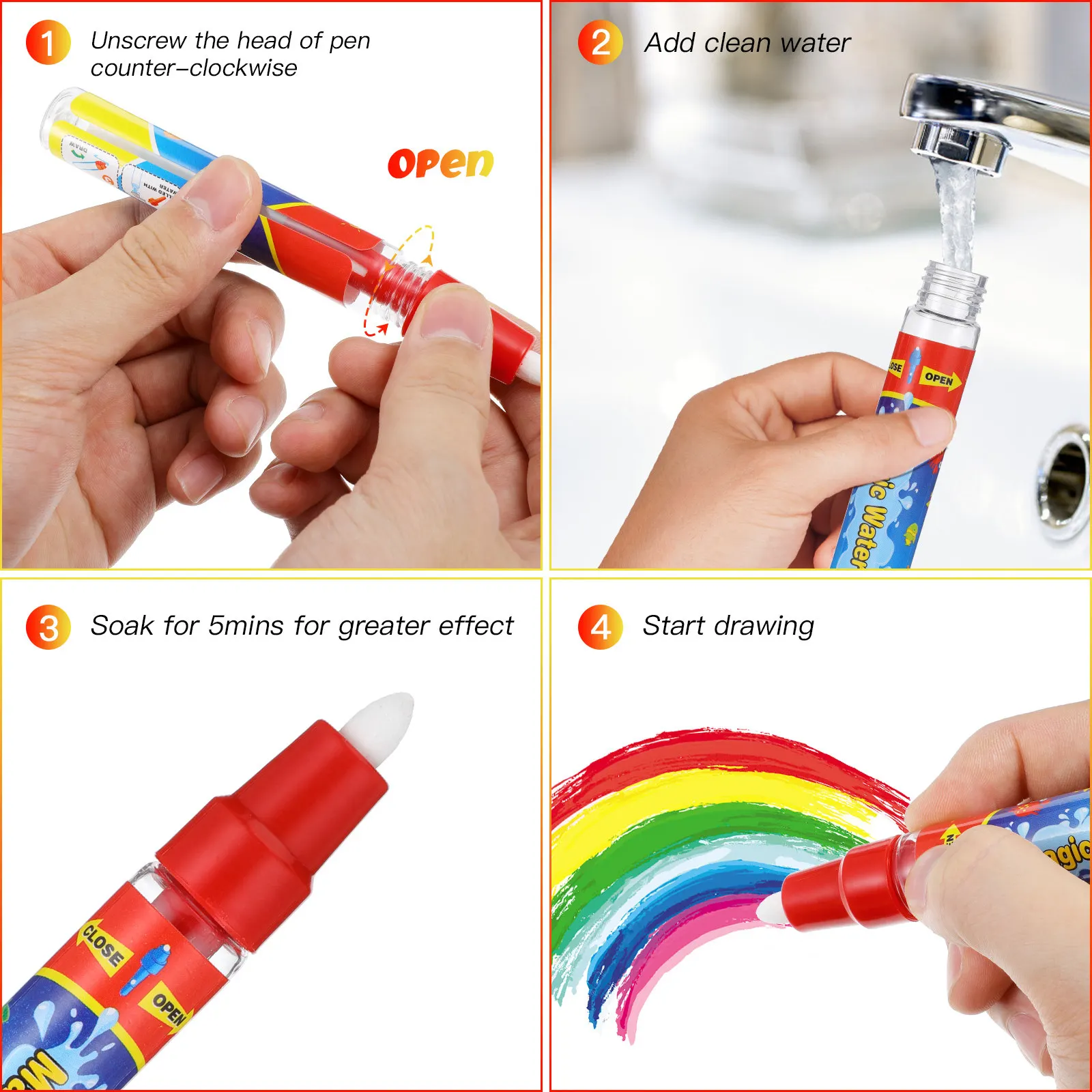 6Pcs Aqua Water Pens for Doodle Mat Vibrant Colors Easy to Spot Screw Lid Secure No Leak Kids Painting Supplies Water Doodle