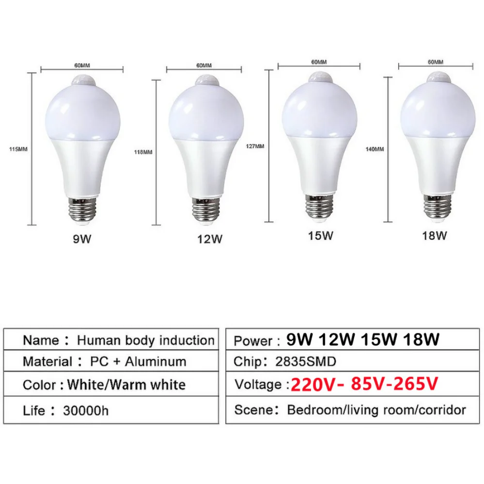 4 Pcs E27 PIR Motion Sensor Lamp 85V-265V 12W 15W 18W LED Bulb with Motion Sensor Infrared Radiation Motion Detector Light