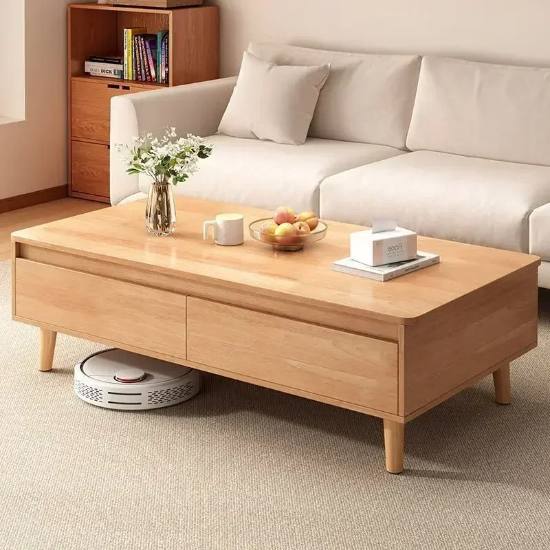 Solid Wood Tea Table for Living Room with Drawer Open Storage Shelf Wooden Coffee Table Modern Minimalist Furniture