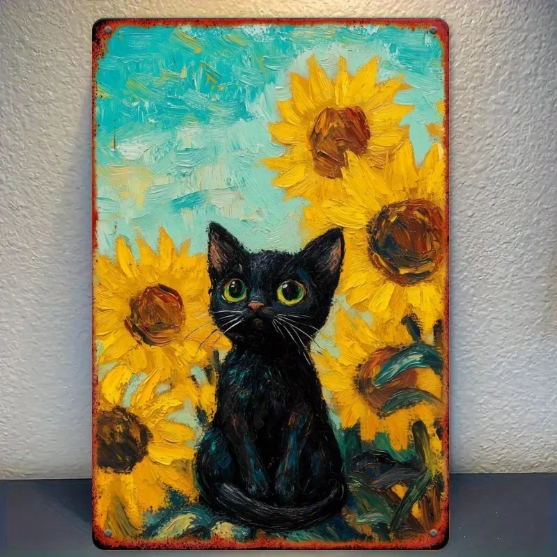 Sunflowers Black Cat Iron Metal Tin Sign 8x12inch Vintage Wall Decor Plaque for Bedroom