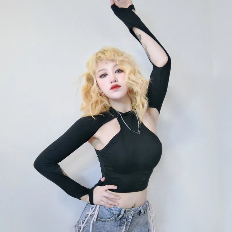 Kpop Girl Group Y2k Clothes Hollow Out Black Halter Stretch Crop Tops Outfit Concert Costume Female Pole Dancing Nightclub Wear