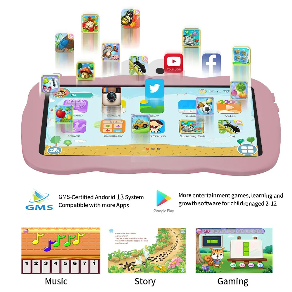 7.0-inch Kids Tablet Android 13 system, 4GB+64GB, Parent Mode, Dual Cameras 2MP+5MP, For Learning and Education,