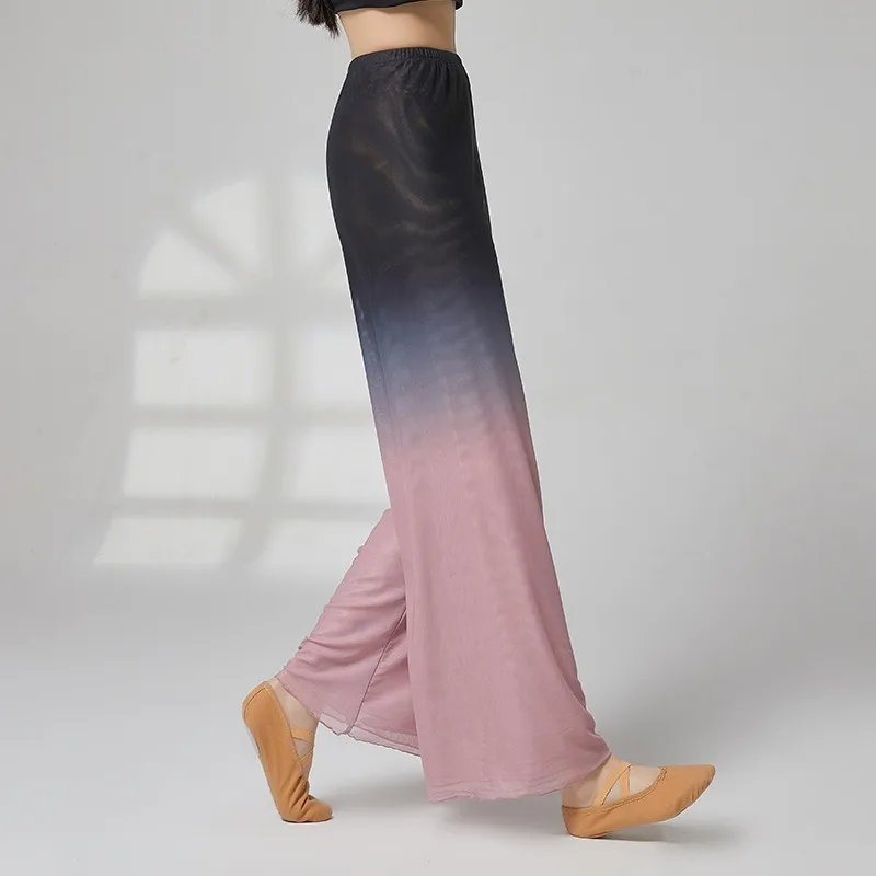 Pantalones de baile de tela de red que cambian de color para mujer, diseñados clásicamente para entrenamiento y rendimiento, estilo fluido de pierna ancha