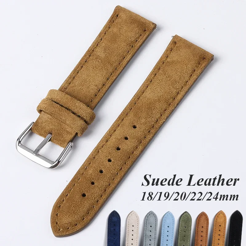 Suede Genuine Leather Watchband for Seiko Vintage Handmade Stitching Bracelet for Rolex 18mm 19mm 20mm 22mm 24mm Watch Strap