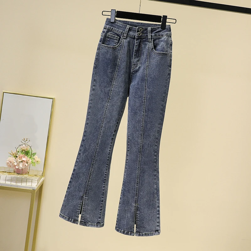 

5XL Fashion High Waist Women Jeans Fashion Blue Denim Flare Pants Spring Autumn Slim Slit Flared Trousers Female