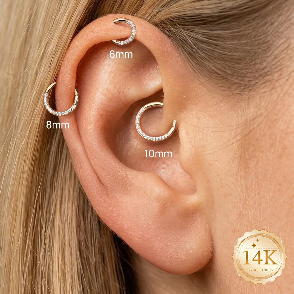 ROXI 1PC 5/6/8mm 14K Gold Classic Half Paved CZ Clicker Hoop Piercing Rings Fine Jewelry Gifts for Women Daily Wear - view 3