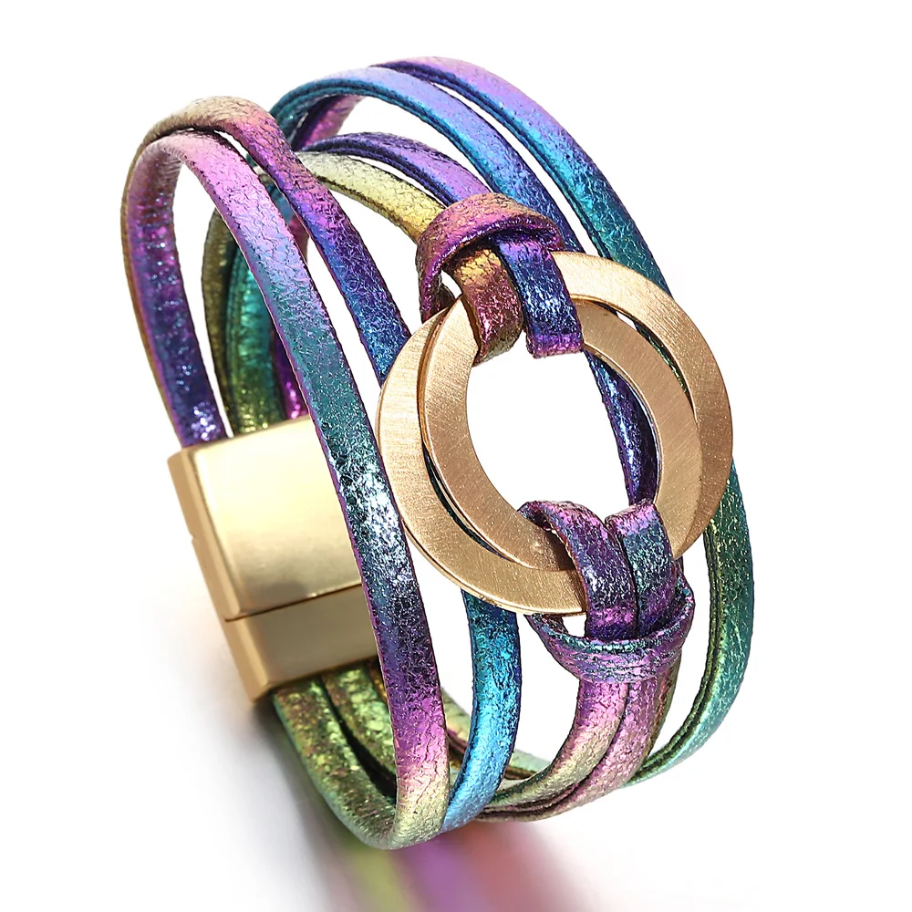 ALLYES Boho Double Circle Colorful Leather Bracelet for Women Vintage Chic Multilayer Wrap Bracelets Bangles Fall Winter Jewelry