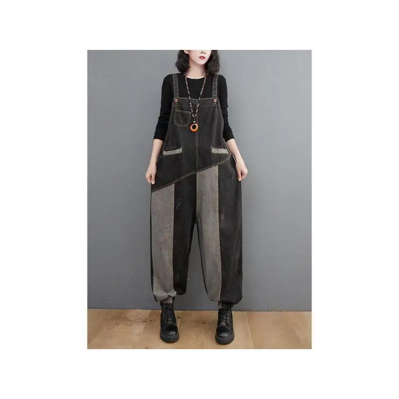 

Винтажные джинсовые комбинезоны с цветными блоками для женщин, осень и зима 2025 г., свободный комбинезон большого размера с широкими штанинами, брюки с переплетом
