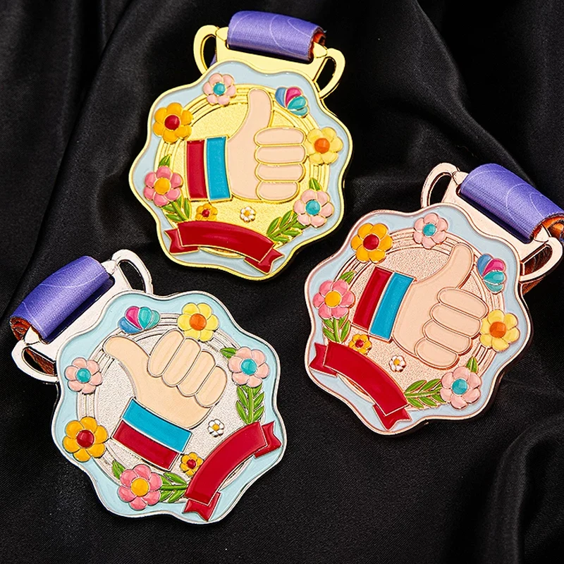 Customized Thumb Pattern Metal Medal Gold, Silver, Bronze Children's Student Sports Competition Souvenir Decor Neck Hanging, 3Pc