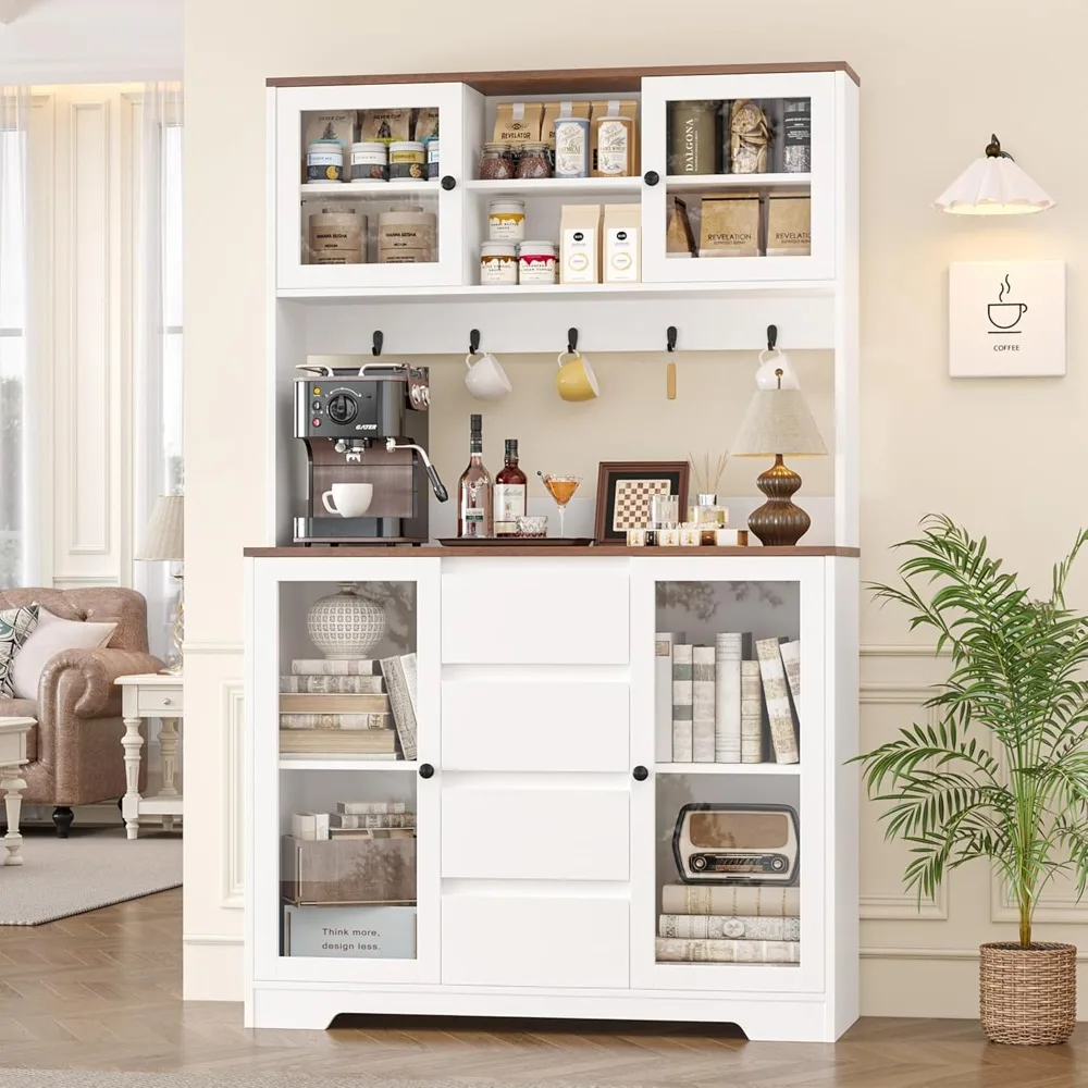 71" Tall Kitchen Pantry Cabinet, Kitchen Hutch Coffee Bar with 4 Drawers & 5 Metal Hooks & 4 Doors & Microwave, Customized
