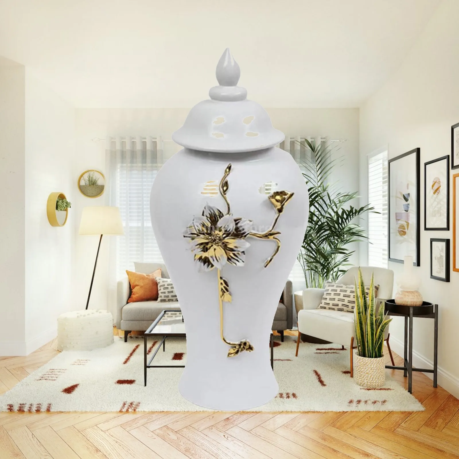 Ceramic Vase Storage Jar with Lid Ginger Jar White Kitchen Decor Table Floral Arrangement Decorative Oriental Style Glazed