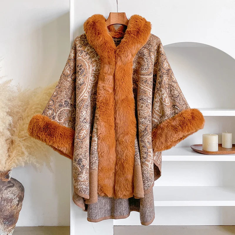 شتاء جديد بيزلي الجاكار المعطف شال المرأة الدافئة هامش تقليم البلوز كيب مقنعين حجم كبير ملابس خارجية غير رسمية #3