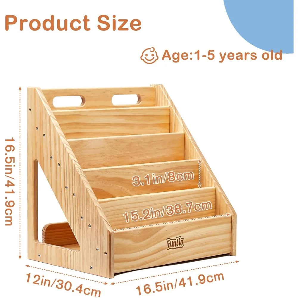 ชั้นวางหนังสือ Montessori สำหรับเด็กวัยหัดเดิน1-5ปีชั้นวางหนังสือสำหรับเด็กหันหน้าไปทางด้านหน้าพร้อมที่จับและอุปกรณ์ป้องกันการเอียง