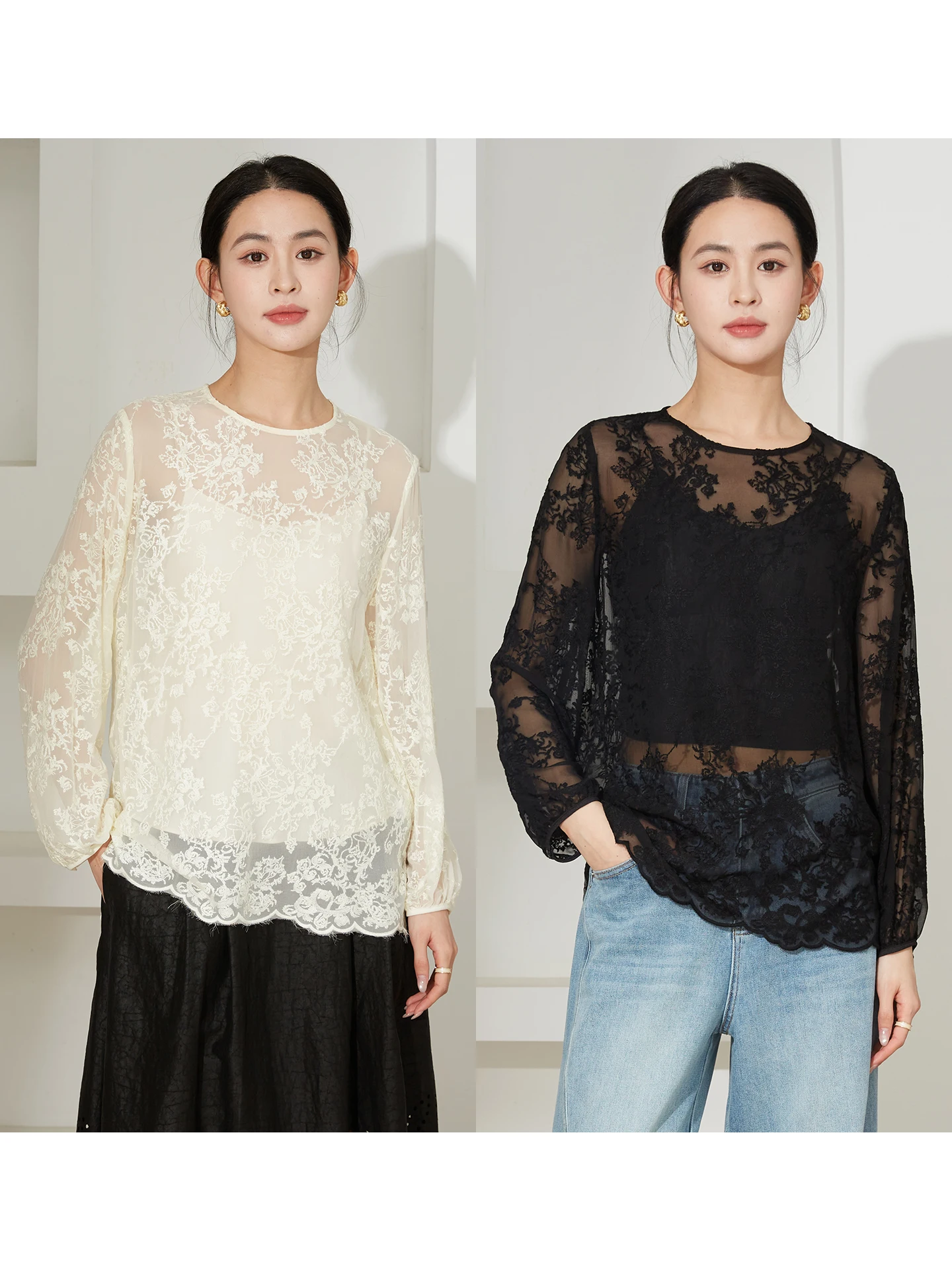 

Женская блузка SILVIYE с шелковой вышивкой и кружевной отделкой, круглый вырез, весенняя модная модель для офиса, прямой крой, длинный рукав