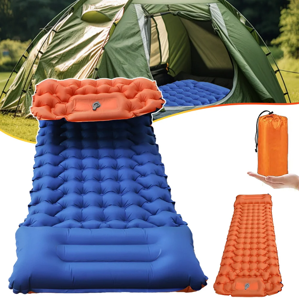 Matelas de camping gonflable imperméable avec pompe à pied, double face colorée, avec oreiller, idéal pour la randonnée en plein air