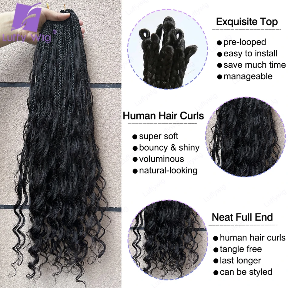 Свободные плетеные косички Бохо в коробке, человеческие волосы с кудрявыми концами, искусственные человеческие волосы для черных женщин, 24 дюйма
