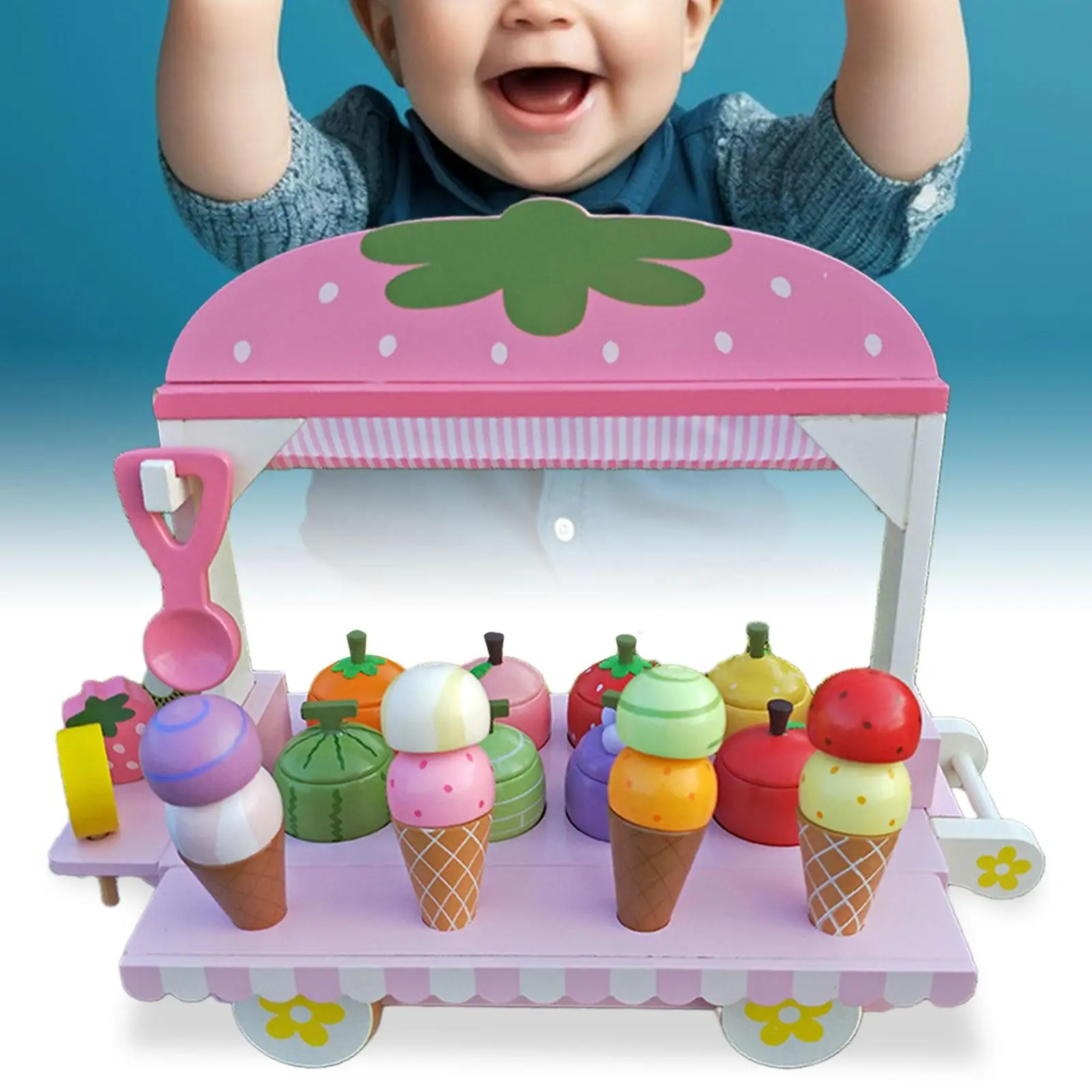 

Wooden Ice Cream Cart Toy Simulation Ice Cream Montessori Ice Cream Counter Playset Pretend Food Toys for Children Boys Gifts