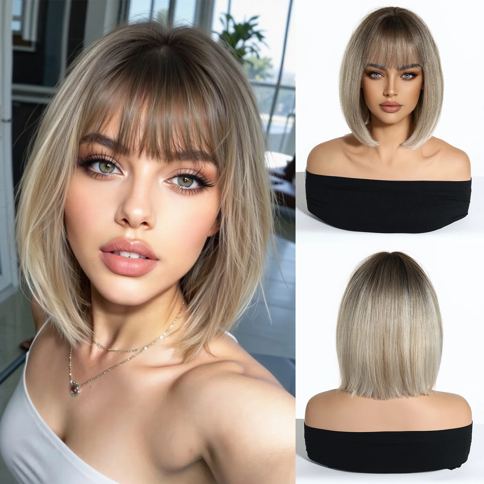 

Platinum Mixed Blonde Synthetic Wigs Straight Short Bob Cut with Bangs Dark Root Wig for Women Daily Party Heat Resistant Fiber