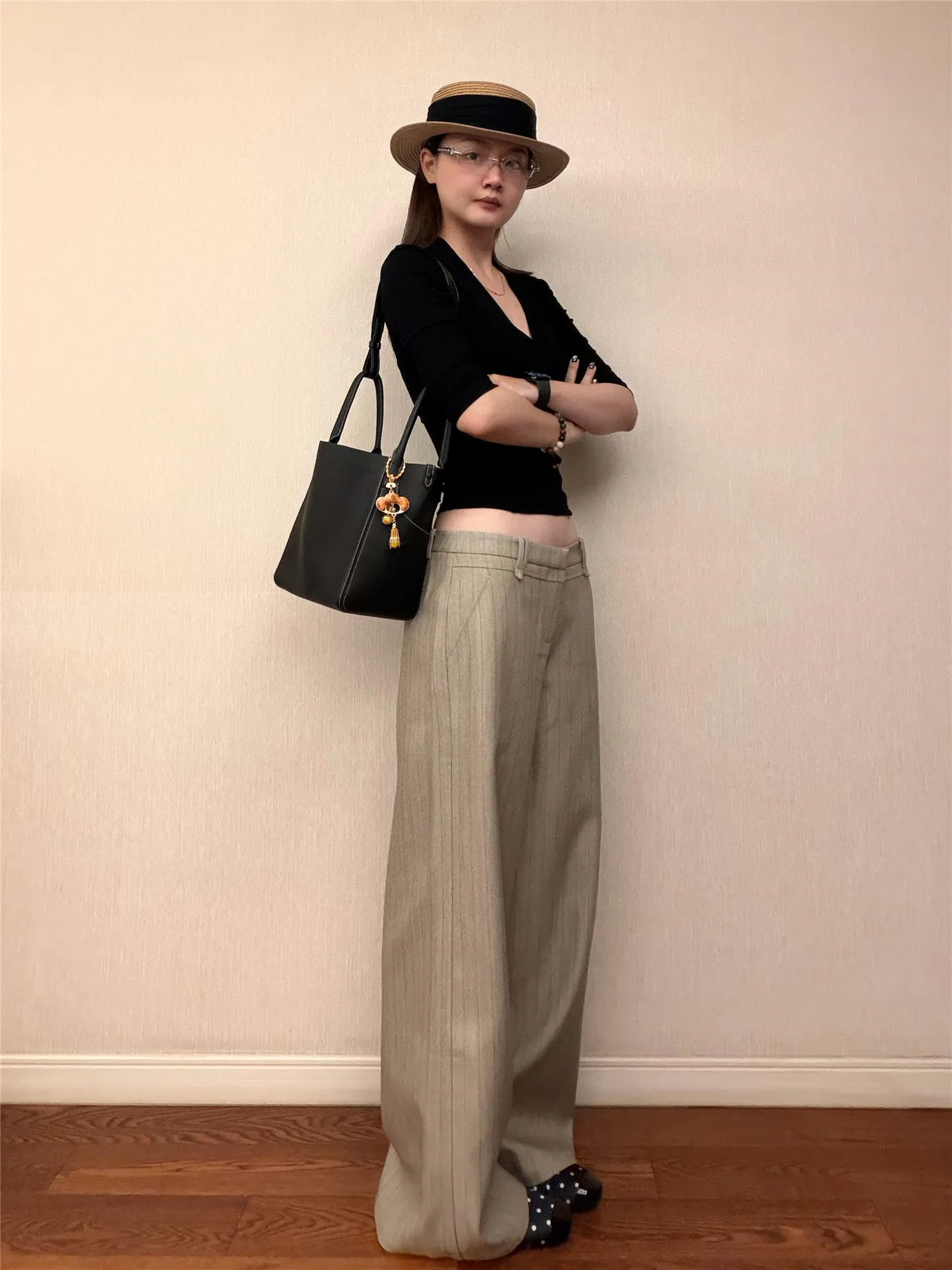 

American Retro Khaki Striped Wide Leg Suit Pants Women Summer Loose Drapey Tall Extended Casual Pants High Waist Zipper Closure