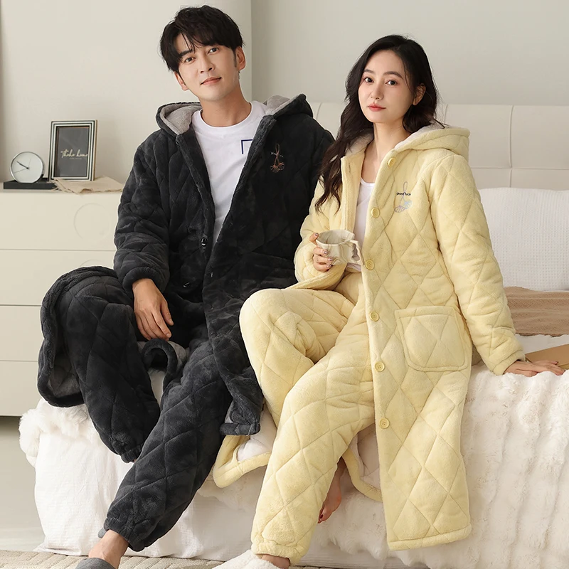 Big Size M-4XL 2 Pieces Set Couple Hooded Robe+Pant Winter 3 Layer Clip Cotton Robe Thick Warm Men and Women Sleepwear