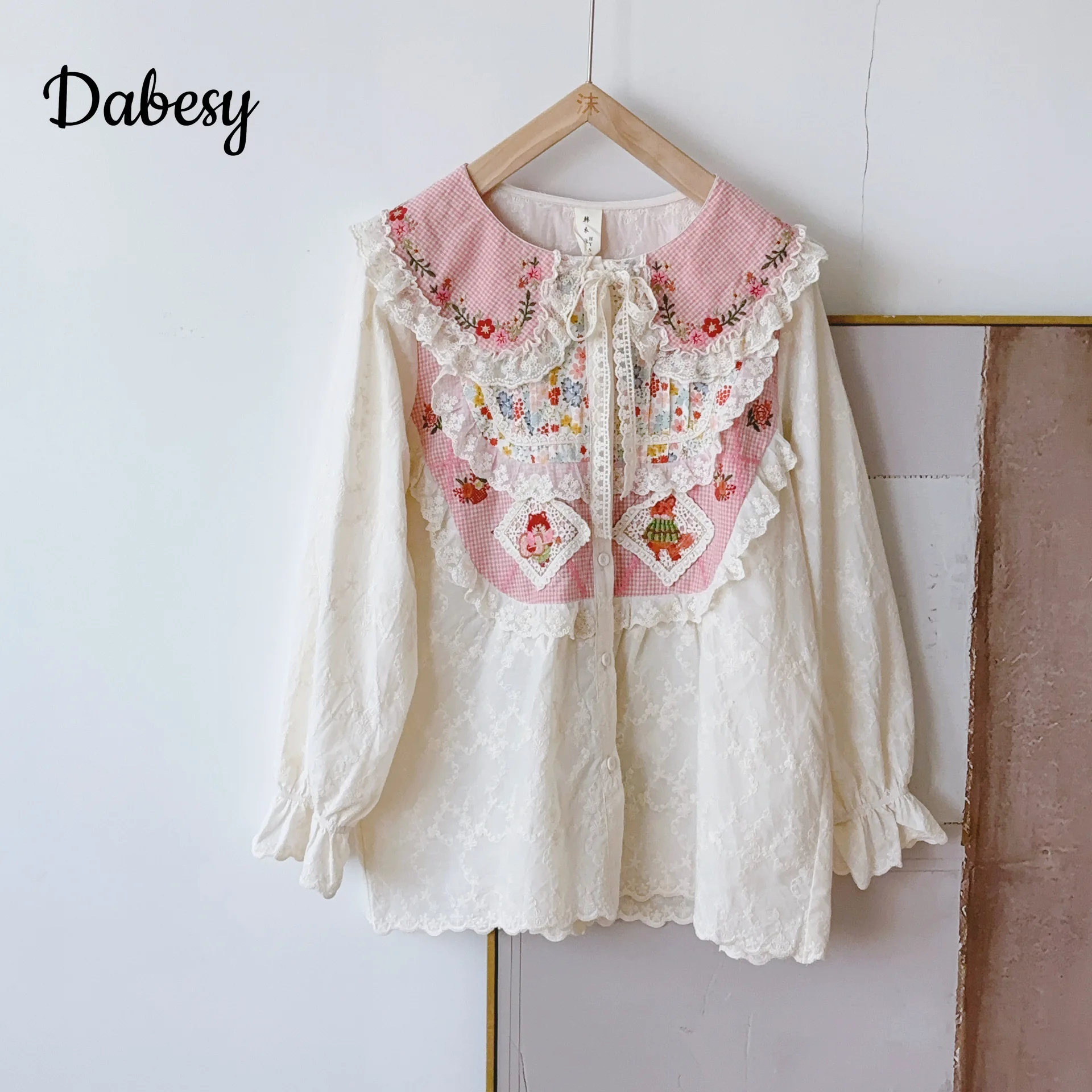 Mori Girl Flower Embroidery Cotton Linen Tops Autumn Japanese Vintage Peter Pan Collar Lace Patchwork Long Sleeve Kawaii Shirts