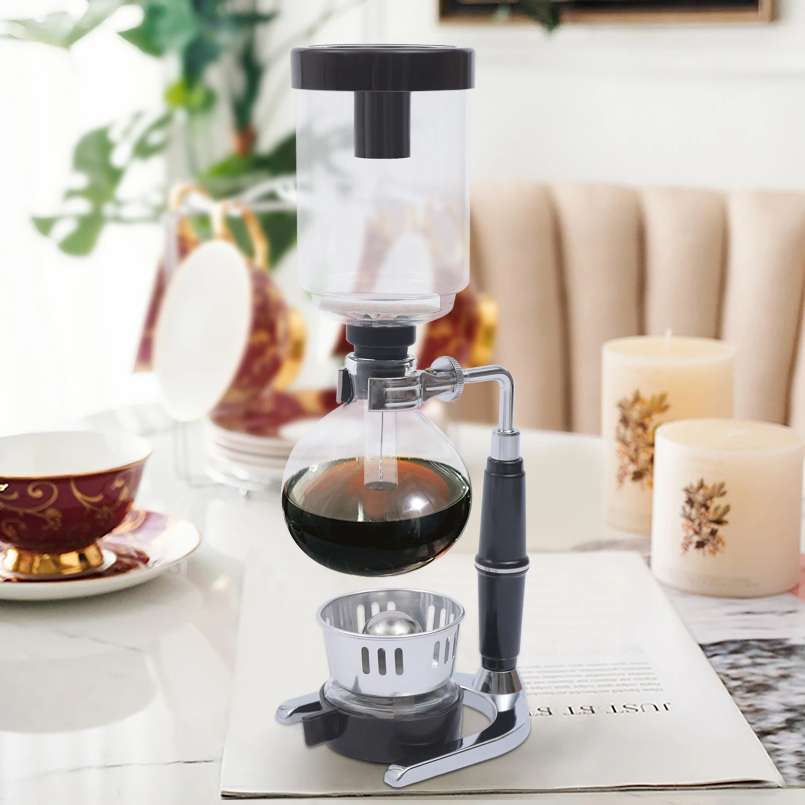 ﻿ Black Siphon Coffee Maker Large Capacity 360ml/0.095gal Anti-scalding Handle with Spoon and Stirring Stick