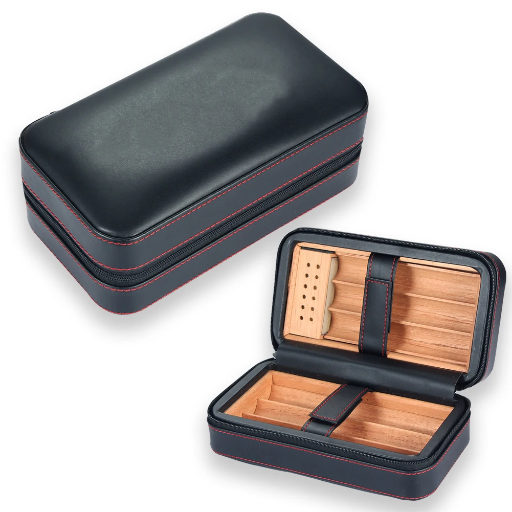 

Pouch 6 Holders Cedar Wood Inside Moisturizing Packaging Storage Travel Portable Leather Cigar Humidor With Humidifier