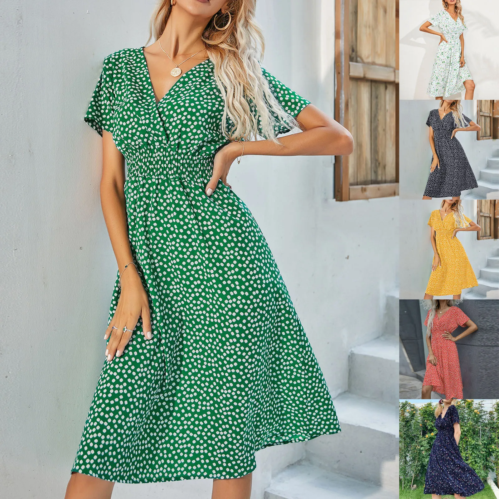 Модное женское платье миди с V-образным вырезом и затягивающим поясом, летнее повседневное элегантное платье-трапеция с принтом для отдыха и свиданий