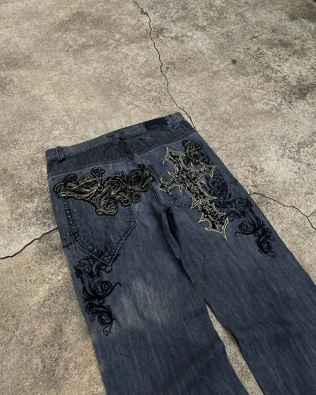 Harajuku stijl Nieuwe Hip Hop Gothic Geborduurde Rechte Jeans Mannen Streetwear Casual Oversized Dweilen Wijde pijpen Broek Paar Jeans