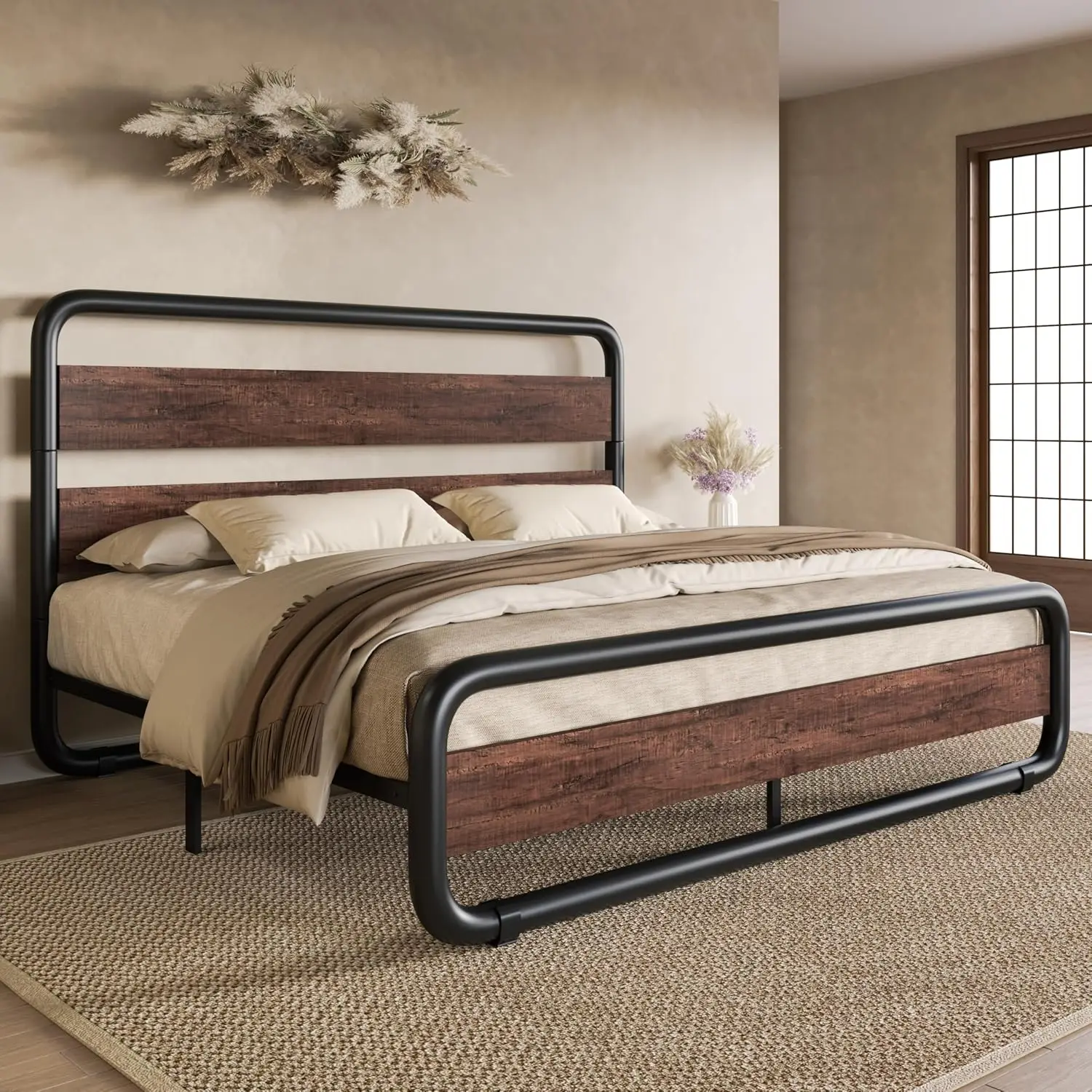 

Queen Size Metal Bed Frame with Wooden Headboard and Footboard, Heavy Duty Oval-Shaped Platform Bed with Under-Bed Storage, N