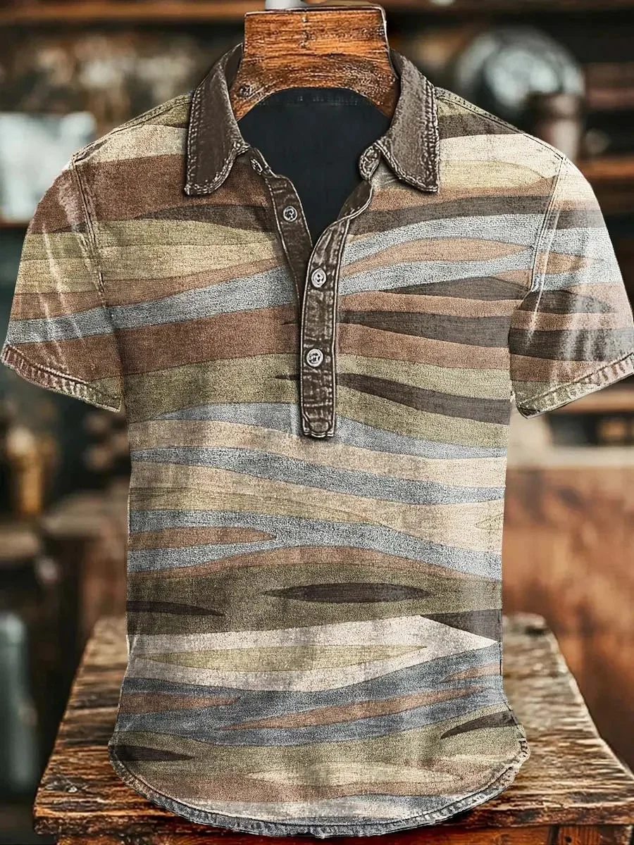 New retro Baroque patterned printed men's short sleeved polo shirt, vintage workwear style casual lapel shirt