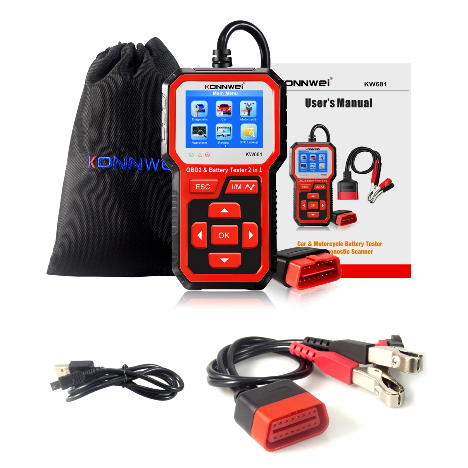 KONNWEI KW681 Car&Motrocycle Battery Tester & OBDII Diagnostic Scanner Tool 2 in 1