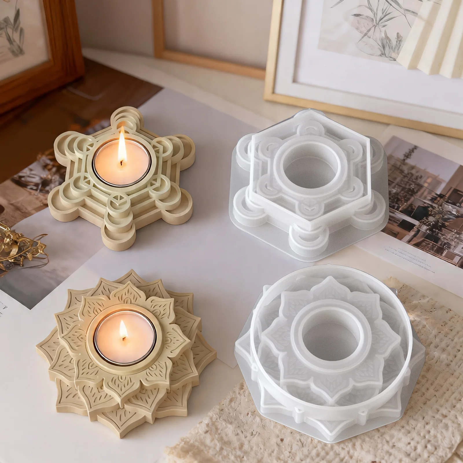 Polygon Candle Holder Silicone Mold DIY Concrete Plaster Candle Jar Mould Lotus Irregular-Shaped Candlestick Molds Ornament