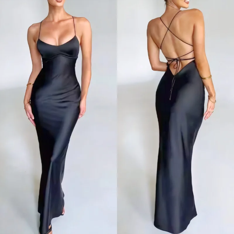 New Women's Sexy Slim U-neck Party Evening Dress Fashion Backless Lace-up Halter Strap Waist Prom Long Dresses