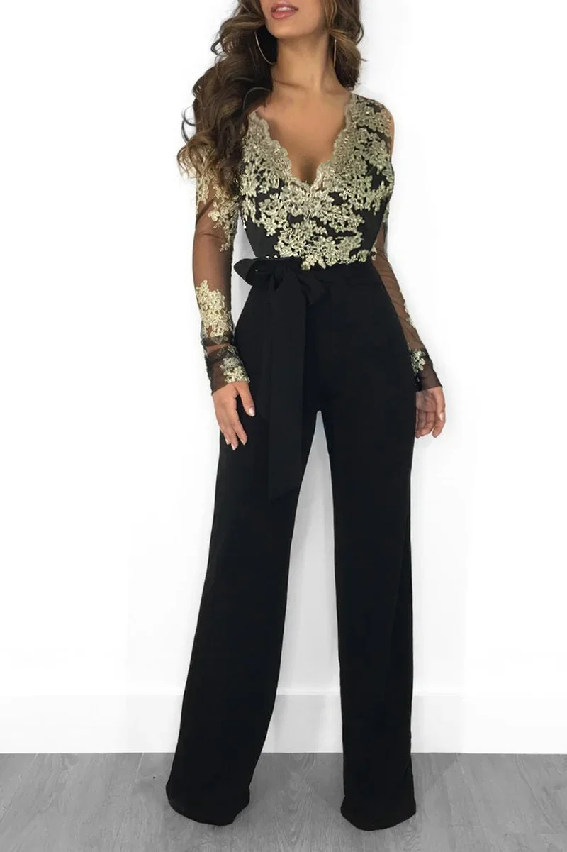 

Women Sexy Off Shoulder Slash Neck Long Sleeve Women Jumpsuit Elegant Wide Leg Jumpsuit 3XL Appliques Lace Patchwork Jumpsuit