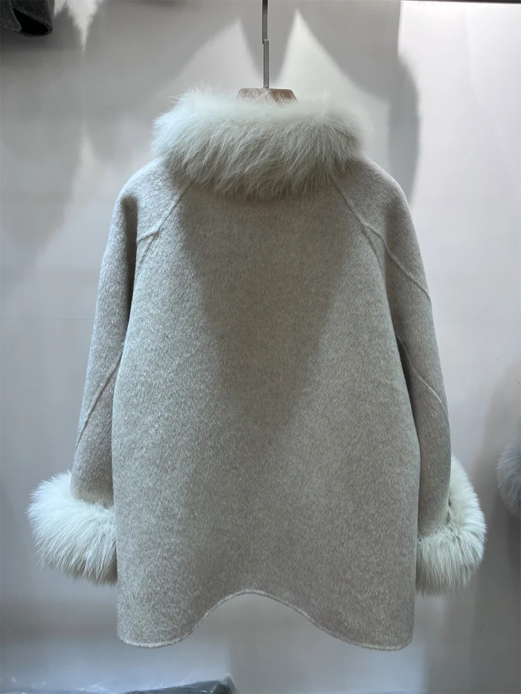 2025 Women Real Fur Coat Natural Fox Fur Collar Cuffs Cashmere Wool Woolen Jacket Outerwear Winter Ladies Cusual Outwear