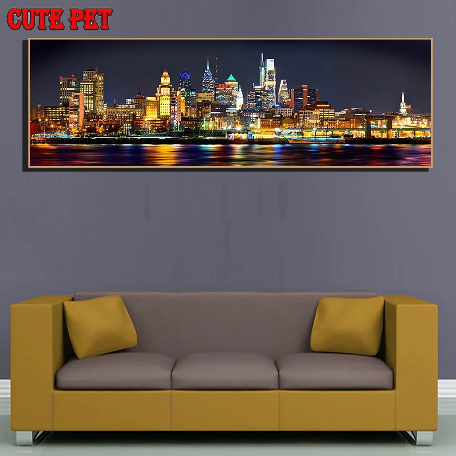 

Diamond painting cross stitch kits Philadelphia skyline night view diamond embroidery mosaic Ferry City Center decor art large